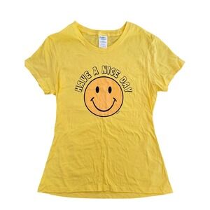 Port & Company Womens Yellow Have A Nice Day Smiley Face Graphic T-Shirt Size M